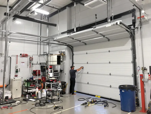 Greenwich Garage Door Repair certified technician performing commercial door repair at a Greenwich business facility