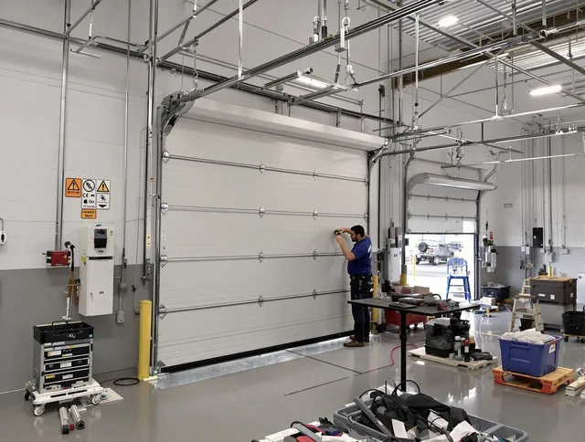 Commercial garage door repair being performed by Greenwich Garage Door Repair expert in Greenwich