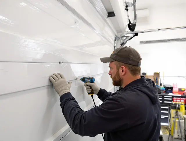 Greenwich Garage Door Repair technician demonstrating precision dent removal techniques on a Greenwich garage door