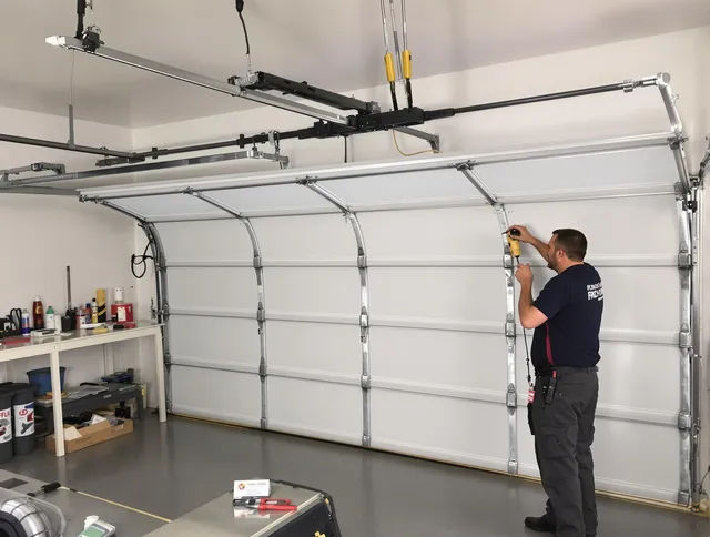 Greenwich Garage Door Repair certified technician performing overhead door system repair in Greenwich