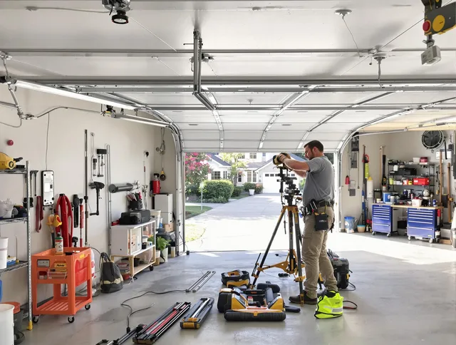 Greenwich Garage Door Repair specialist performing laser-guided track alignment in Greenwich